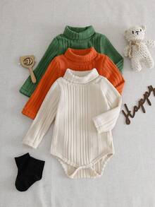 SHEIN 3件套男婴休闲百搭高领罗纹长袖连体衣，秋冬季 - 彩色 - 查看 3