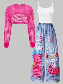SHEIN ChillGRL 青少年女孩 3 件套服裝組合：寬鬆牛仔效果長褲、短版細肩帶背心上衣、長袖網紗連帽上衣，街頭風 Y2K 時尚穿搭 - 玫紅色 - 查看 7