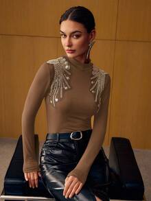 MOTF PREMIUM WOMEN'S LONG SLEEVE SEQUIN BEADED EMBROIDERED BASE LAYER T-SHIRT - Brown - View 7