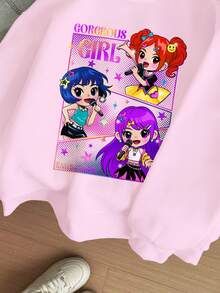 Tween Girls'light Purple K-POP Anime Cartoon Girl Portrait Pattern Sweatshirt,Cute Back-To-School Autumn School Thick Soft Long Sleeve Crew Neck - Multicolor - View 6