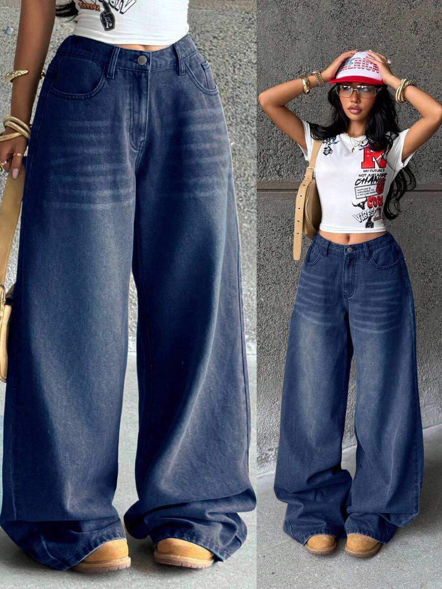 Coolane Teen Girls Winter Casual Loose Washed Wide Leg Blue Jeans,Casual,New Year,Party,Casual - Blue - View 1