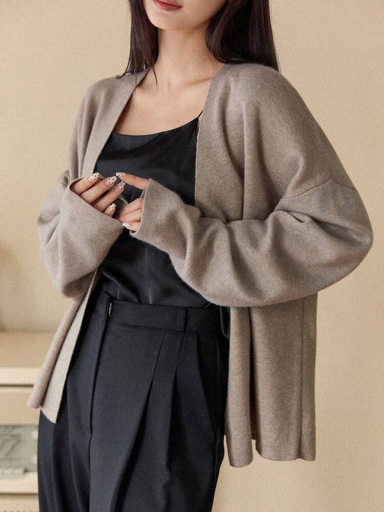 Women's Casual Solid Color Tie-Front Cardigan, Versatile For Autumn/Winter Business Casual Woman