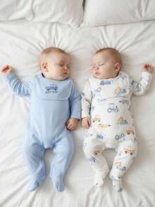 2 件套新生男婴汽车卡通全身印花趣味长袖连脚连体衣 + 围兜套装，适合所有季节婴儿服装套装新生儿套装男孩柔软婴儿服装新生男婴服装婴儿服装套装男女通用婴儿服装新生儿男女通用服装新生儿婴儿服装男女通用纯棉夏装夏季睡衣假日旅行休闲夏装纯棉婴儿服装新生儿婴儿服装男童 - 藍白色 - 查看 1