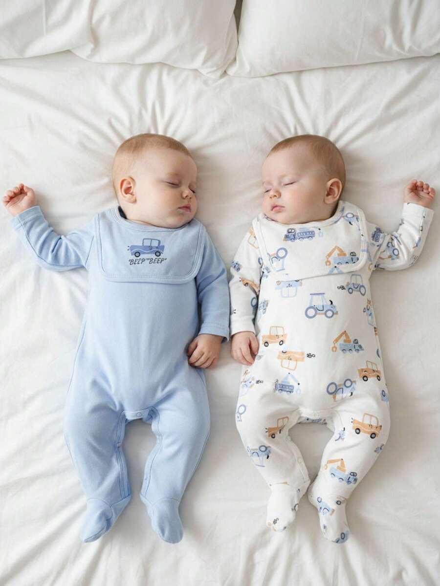 2 件套新生男婴汽车卡通全身印花趣味长袖连脚连体衣 + 围兜套装，适合所有季节婴儿服装套装新生儿套装男孩柔软婴儿服装新生男婴服装婴儿服装套装男女通用婴儿服装新生儿男女通用服装新生儿婴儿服装男女通用纯棉夏装夏季睡衣假日旅行休闲夏装纯棉婴儿服装新生儿婴儿服装男童 - 藍白色 - 查看 1