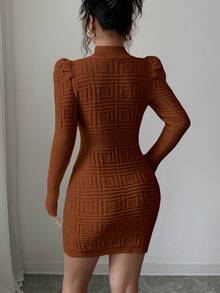 Elenzga فستان كنزة صوفية نسائي ذو رقبة عالية، أنيق وضيق الجسم، بنسيج مضلع وخصر مضلع