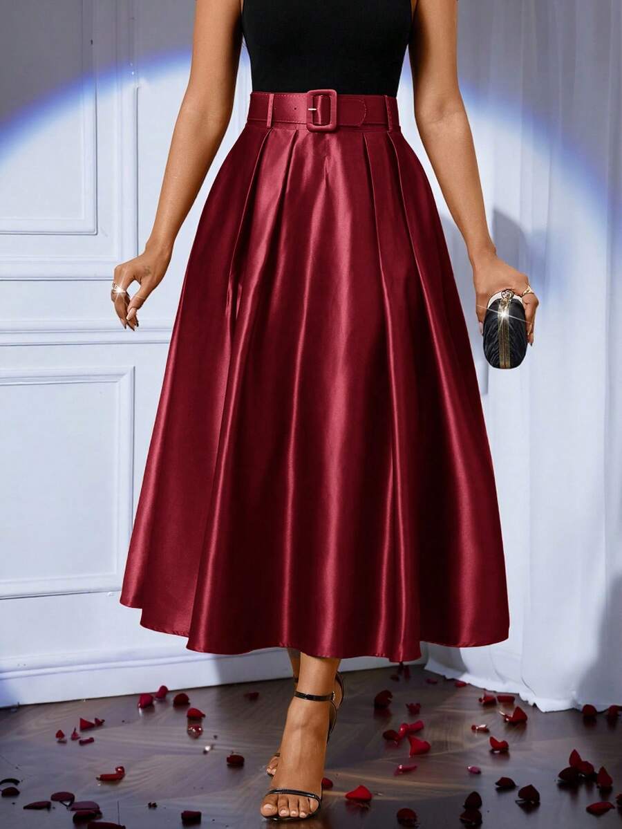 SHEIN Lady Women's Fashion Casual Solid Color Waist Belt Long Skirt,Fall,Fall Clothes For Women,Women's Winter Clothes - Red - View 1