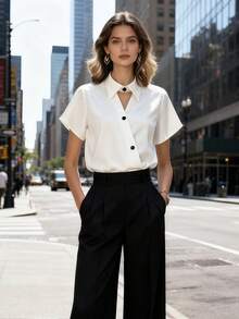 Balvessa Women's Elegant Commuter Hollow Out Collar Short Sleeve Blouse, Summer - Apricot - View 3