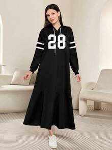 Modelyn 28款印花时尚连帽白色条纹插肩长袖女式连衣裙，秋冬款 - 彩色 - 查看 1