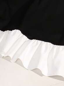 少女优雅黑白撞色串珠蝴蝶结装饰荷叶边无袖连衣裙 - 黑與白 - 查看 4