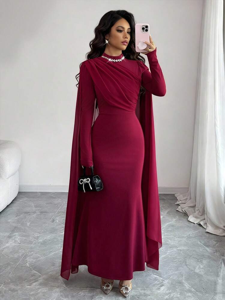 Rafferiza Elegant Party Beaded Decor Fitted Dress - Red - View 6