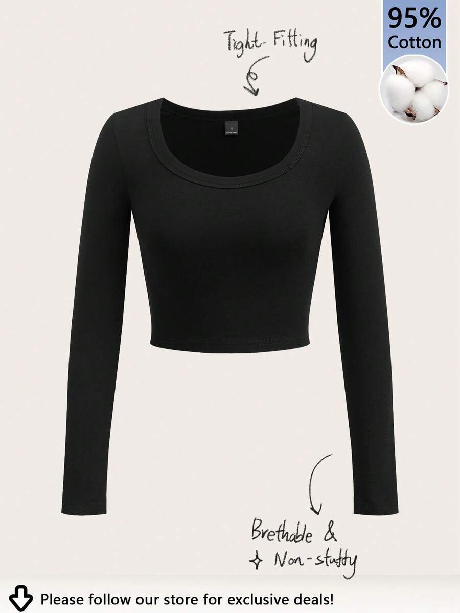 Tseoso 95%纯棉长袖方领修身女式T恤，适合秋冬季节穿着。优雅百搭，透气舒适。完美适用于运动、健身、外出、居家休闲以及返校穿着。 - 彩色 - 查看 1