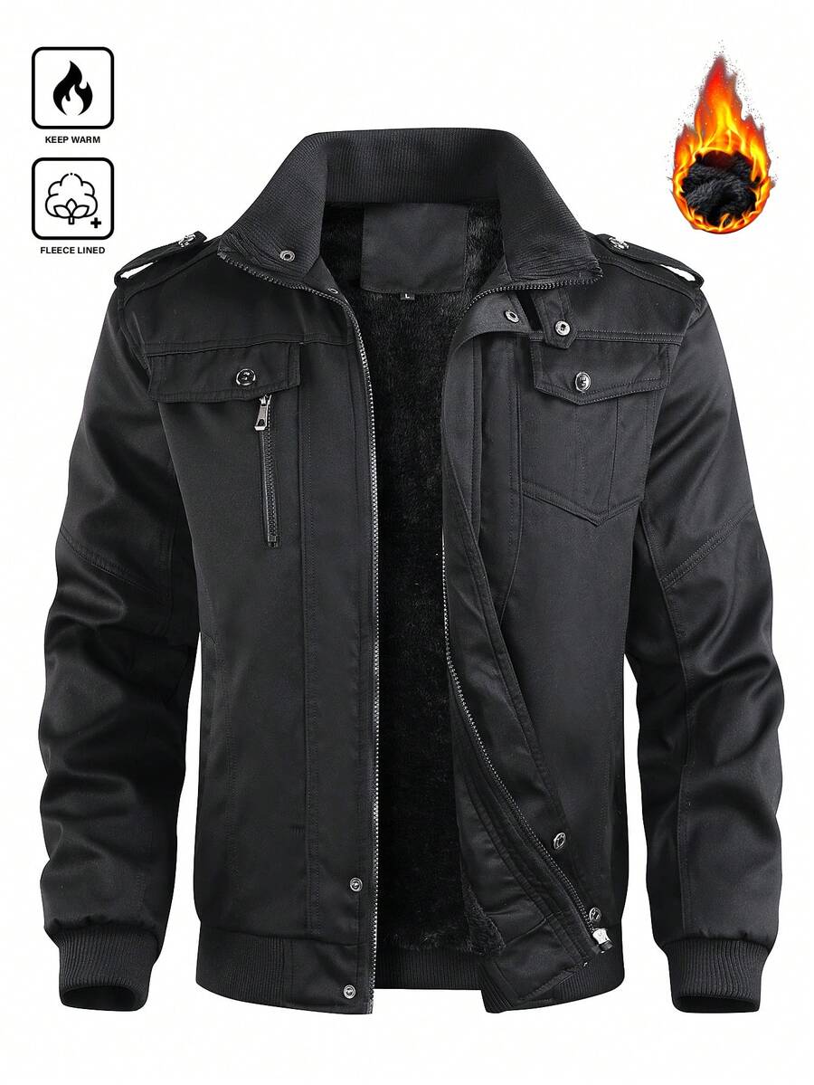 Manfinity CasualCool Men's Solid Color Long Sleeve Zipper Casual Fleece Jacket, Fashion & Versatile Bomber Jacket For Men Jacket For Man Men Outerwear - Black - View 1