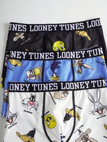 LOONEY TUNES X SHEIN Tween Boy 3pcs Cartoon Letter Print Contrast Letter Tape Waist Stitch Detail Trunks
