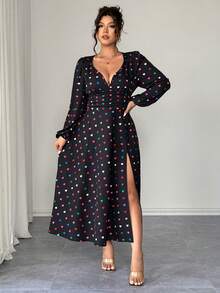 Elenzga Plus Size V-Neck Heart Print Slit Hem Dress - Multicolor - View 4