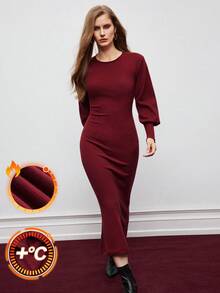 Maija 女士优雅纯色露背修身针织连衣裙，秋冬 - 紅色 - 查看 1