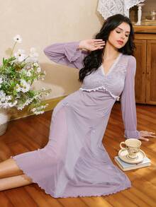 Côtesoire French Elegant Soft Contrast Lace Satin Ladies' Nightgown,Long Sleeve Purple Night Gown For Women,Autumn Winter Evening Sleep Loungewear - Purple - View 6