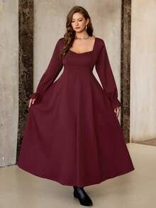 Flirla Đầm maxi dài tay bo gấu, cổ vuông, cổ tim, viền loe, tay dài, màu trơn, cỡ lớn dành cho nữ, phong cách đường phố Pháp cổ điển thanh lịch, tối giản, phù hợp cho mùa đông, Halloween, Giáng sinh, Lễ tạ ơn, Tiệc trà chiều, những dịp trang trọng, Tụ họp gia đình - Màu Tím - Xem 5