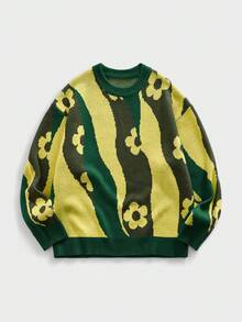 ROMWE MEN Street Life Men's Crew Neck Multi-Color Floral Knit Sweater, Streetwear Vibrant - Green - View 1