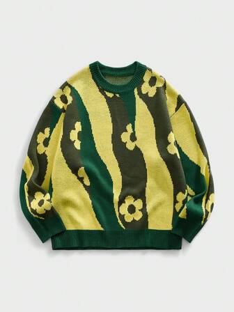 Jersey de cuello redondo con estampado floral multicolor para hombre, ropa de calle vibrante