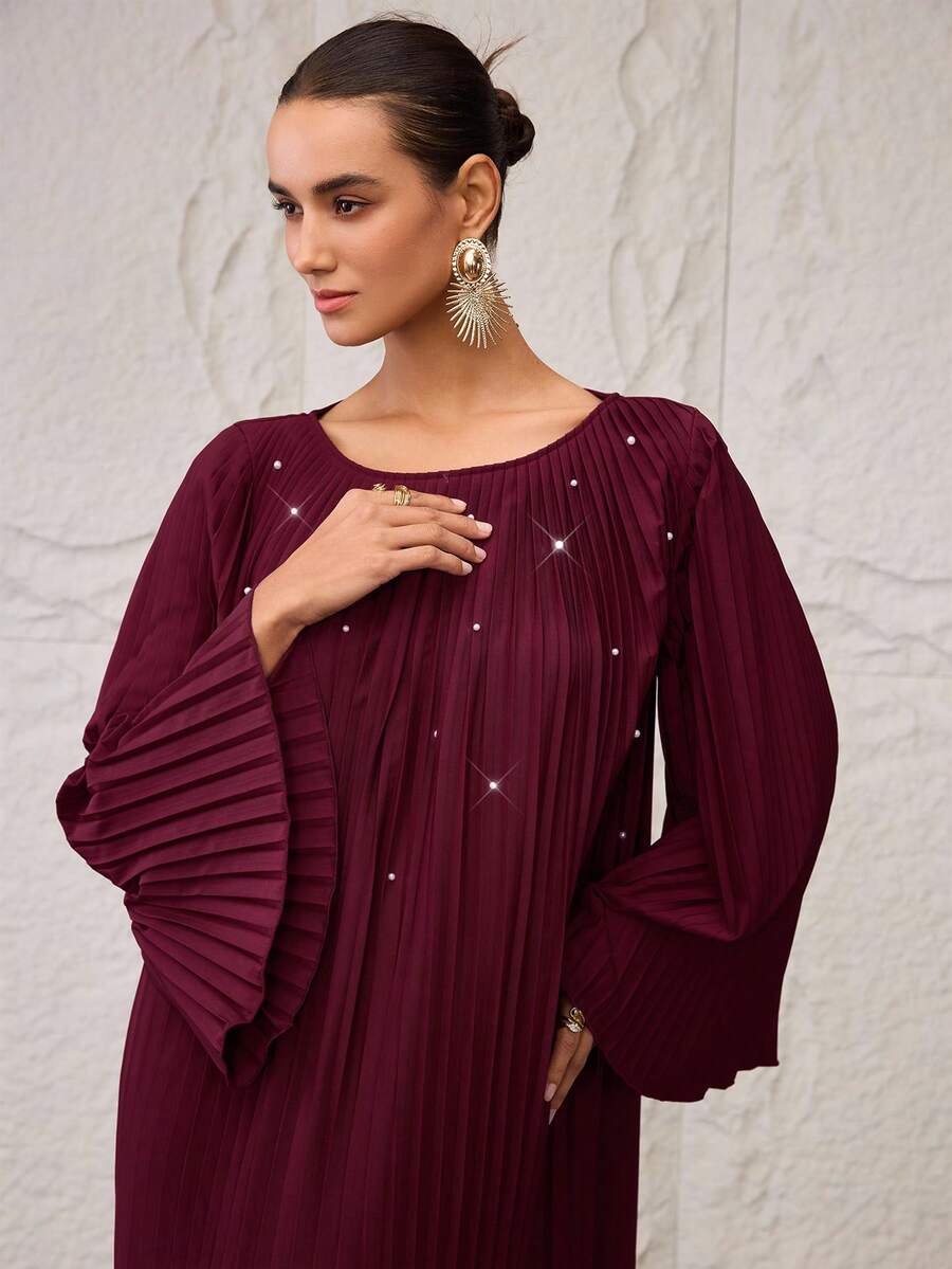 Al Najma 女士纯色喇叭袖宽松荷叶边下摆阿拉伯风格长款连衣裙 - 酒紅色 - 查看 1