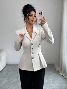 Rafferiza Women's Solid Color Lapel NeckLong Sleeve Single-Breasted Waist Fitted Elegant Blazer Business Tops Women White Blazer Women Casual Dress Pants - Beige - View 4