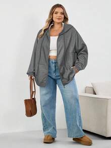 SHEIN CURVE+ 大码女装/秋季服装/秋季女装/冬季女装/冬季女装大码女式黑色针织连帽毛绒卫衣大码女式连帽衫大码女式卫衣8XL女装6XL大码女装大码女装大码女装/秋季/冬季 - 深灰色 - 查看 4