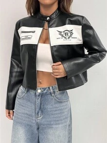 SHEIN EZwear Zipper Front Long Sleeve Solid Color Patchwork Casual PU Biker Jacket In Fall/Winter - Black and White - View 6