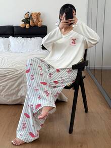 Dream Adore Plus Size Cherry Print V-Neck Long Sleeve Pajama Set Cherry Pajama Set Pajamas Set For Woman - Multicolor - View 3