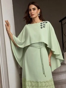 ZEYLAH New Elegant Women Lace Patchwork Hem Dress - Green - View 8