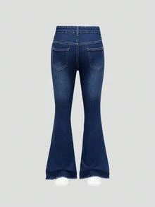 SHEIN ChillGRL Tween Girl Pre-Washed Ripped Flared Elastic Denim Jeans - Dark Wash - View 2