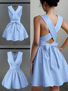 Franclia 女士浪漫优雅性感婚礼宾客纯色交叉 V 领无袖 A 字迷你连衣裙，演唱会服装百搭设计，适合海滩、派对、春夏口袋晚礼服露背奶油黄短裙