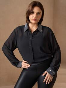Chikora Plus Size Satin Poplin Button-Up Shirt,Office Fall - Black - View 5