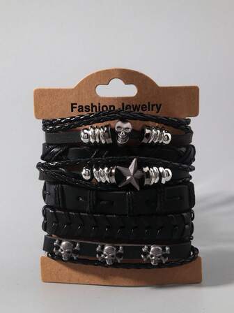 Grunge Punk Set da 5 braccialetti in stile retrò hippie con pendenti a forma di pentagramma, ali e perline, in pelle PU, adatti per uso quotidiano e festival