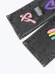 SHEIN Explorewe Tween Girl Graffiti Ripped Wide Leg Jeans, Loose Cute Straight Leg Pants - Dark Grey - View 5