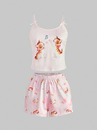 Kawaii Women's Sweet & Cute Cat, Music Note, Star, Polka Dot, Bow Camisole & Shorts Pajama Set