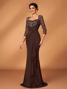 Serin Elegant Luxurious Beaded Sequin Mesh Splice Elastic Knit Sheer Ruffle Sleeve Dress, Suitable For Wedding, Party, Holiday, Bridal, Mother Of The Bride Evening Gown - Coffee - View 5