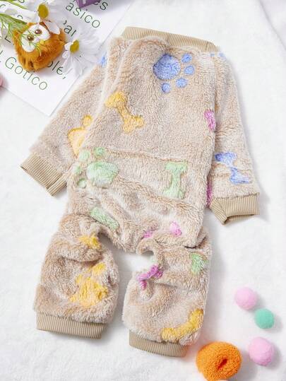 PETSIN 1pc Colorful Bow Bone Printed Pet Jumpsuit Brown Autumn/Winter Plush Warm And Comfortable Pet Warm Clothes