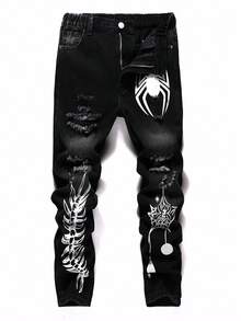 Coolqubz 青少年男孩帅气破烂个性图案印花休闲街头服饰百搭趣味风黑色牛仔裤