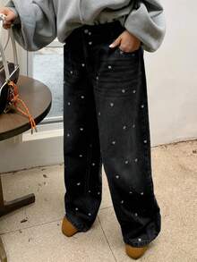 Dazy Plus Heart Print Floral Loose Straight Leg Distressed Washed Long Denim Jeans, All Season - Black - View 4