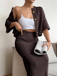 EURMUSE Thickened Cardigan And Skirt Set With Metal Buttons - Brown - View 4