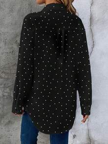 EMERY ROSE 休闲简约风格复古硬币图案黑色底白色波点印花女式长袖衬衫，适合秋冬季节，复古百搭，学院风，返校季必备 - 彩色 - 查看 2