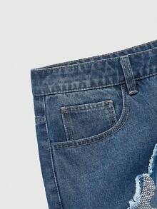 ROMWE MEN Street Life Men's Rhinestone Flame Embroidered Patch Pocket Denim Jeans - Blue - View 3