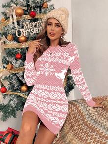 EMERY ROSE Women's Snowflake Pattern Fitted Knit Christmas Dress - Baby Pink - View 4