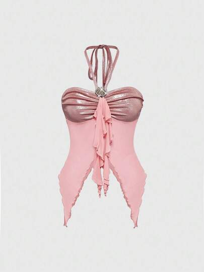 Fairycore Camiseta de tirantes con decoración de conchas y bajo asimétrico para mujer