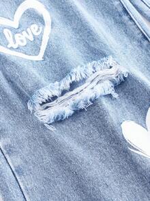 Girlism 少女白色心形字母印花宽松蓝色牛仔裤 - 淺色水洗藍 - 查看 4