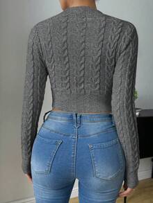 SHEIN Raffinéa Women's Autumn/Winter Cable Pattern Crew Neck Long Sleeve Cropped Fitted Sweater - Dark Grey - View 2