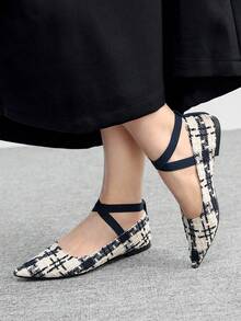 CUCCOO BIZCHIC 女士简约优雅尖头编织平底鞋，低粗跟，舒适交叉弹力带，百搭款式，宝石蓝