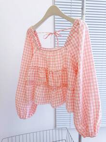 INAWLY 女士秋季新款可爱荷叶边下摆衬衫 - 珊瑚粉 - 查看 4