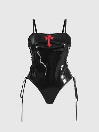 ROMWE Goth Plus Size Women's Dark Punk PU Cross Print Eyelet Lace-Up Sexy Bodysuit