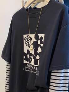 SHEIN Áo thun họa tiết hoa và sọc chắp vá thường ngày dành cho nữ - Màu xanh hải quân - Xem 4